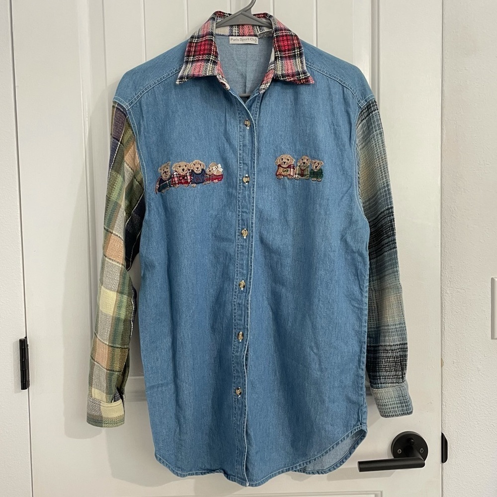 Vintage 90s Paris Sport Club Denim & Plaid Shirt